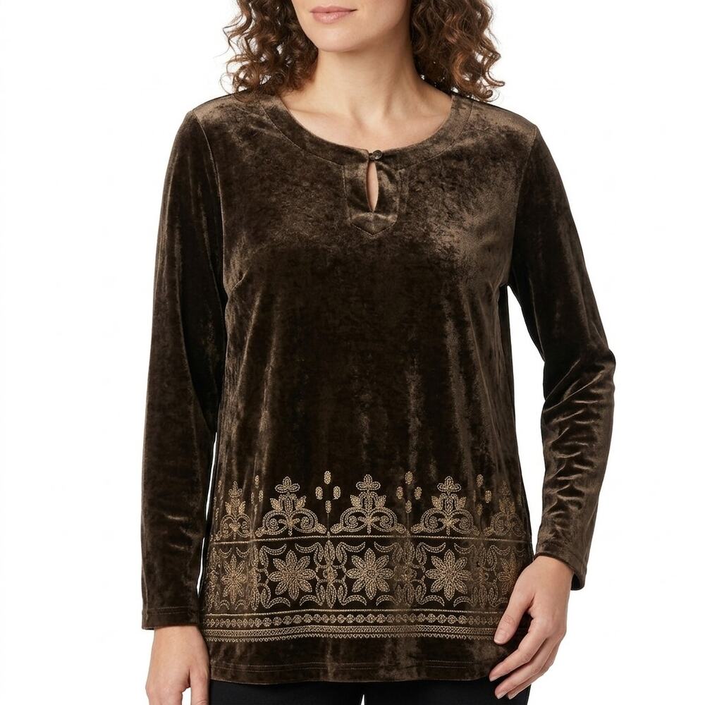 Studio Ease Brown Velvet Beaded Embroidered V-Neck Top See Measurement